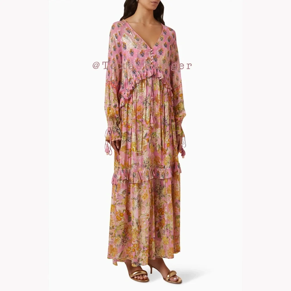 NWT HEMANT & NANDITA Dhea Kaftan M Medium Canary Yellow Taffy - Picture 2 of 16